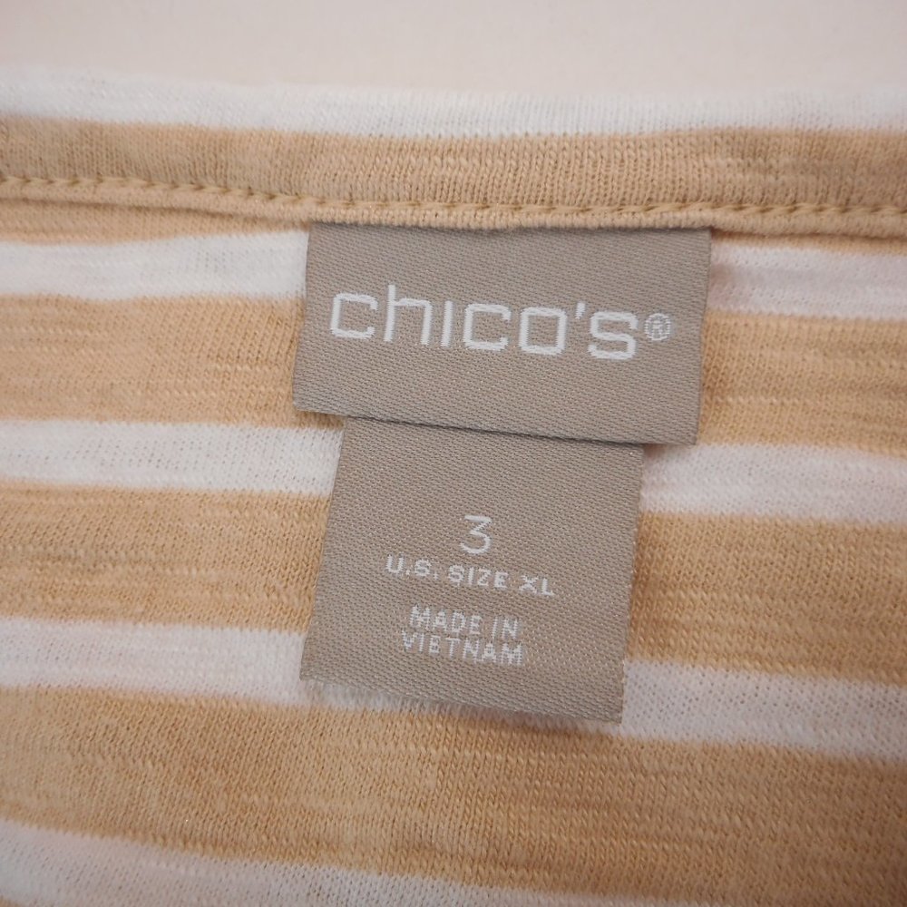 Chicos Size 3 Women's XL Short Sleeve Tee V-neck 3-Button Beige Striped Top - Picture 4 of 5